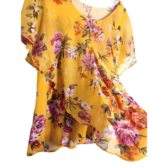 Exotic Tropical Tunic Blouse Sz L Yellow Rhinestones Floral Kimono Flowy Cottage - Picture 8 of 14